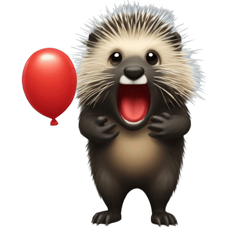 Small porcupine holding a big red balloon in his mouth emoji