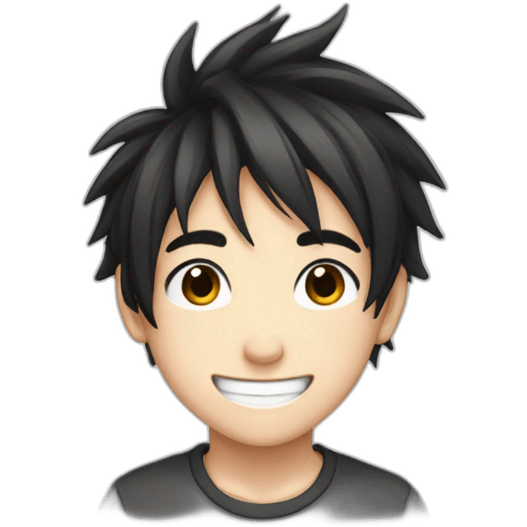 anime boy cartoon smiling with black hair and black and white t shirt emoji