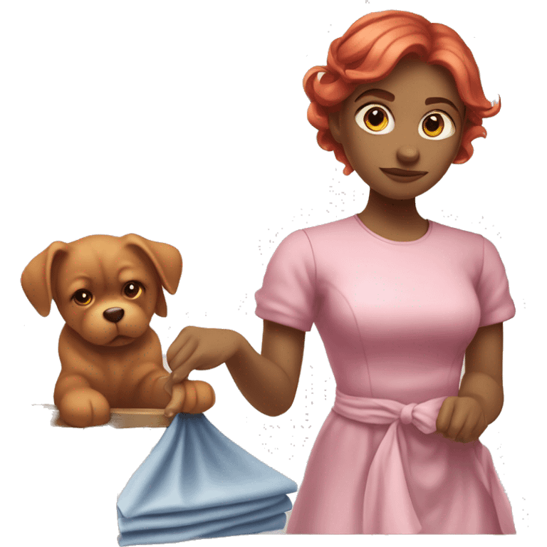 "A beautiful girl with red hair and fair skin, wearing a pink dress, cleaning another dress with a cloth. She is focused on the task and looks determined."






 emoji