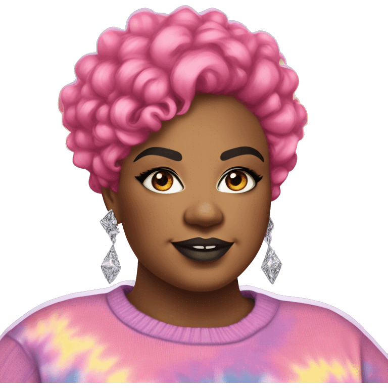 Large Plus size black woman with edgy pink curly pixie cut hair and a rainbow tie dye sweater , and diamond stud earrings  emoji