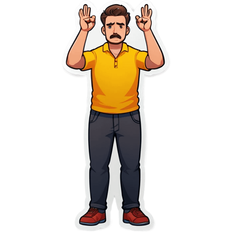 Man holding both arms in the air and holding an electrical cable der Man looks sad emoji