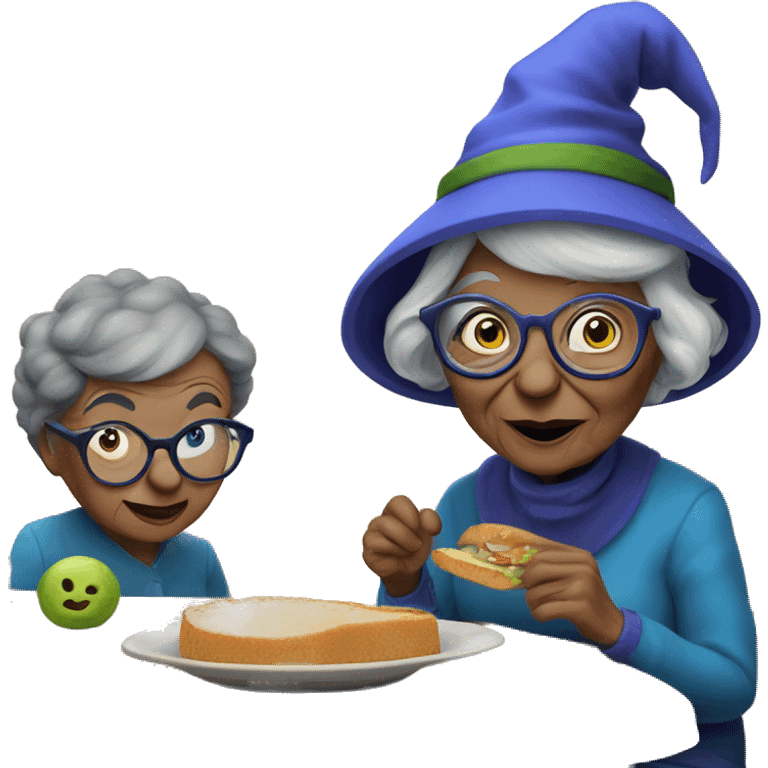 smart granny witch with glasses and blue hat lunching with friends emoji