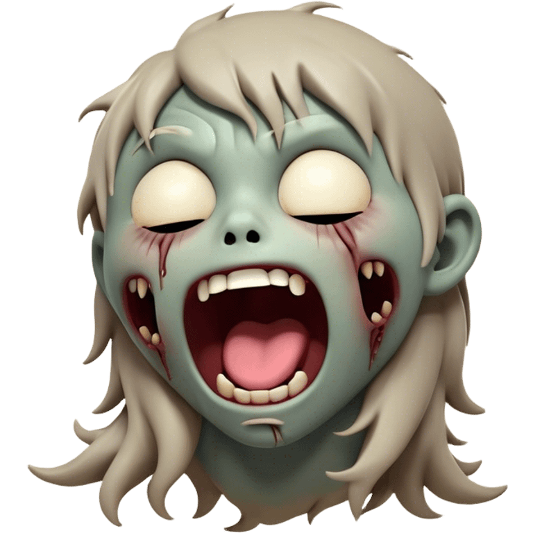 Cinematic Cute Yawning Zombie Portrait Emoji, with a delightfully quirky, slightly disheveled face in muted ashen tones, head tilted back in a big, funny yawn that reveals quirky stitches and playful gaps, simplified yet irresistibly charming, highly detailed with a soft, eerie glowing outline capturing the sleepy, offbeat vibe of a zombie taking a nap! emoji