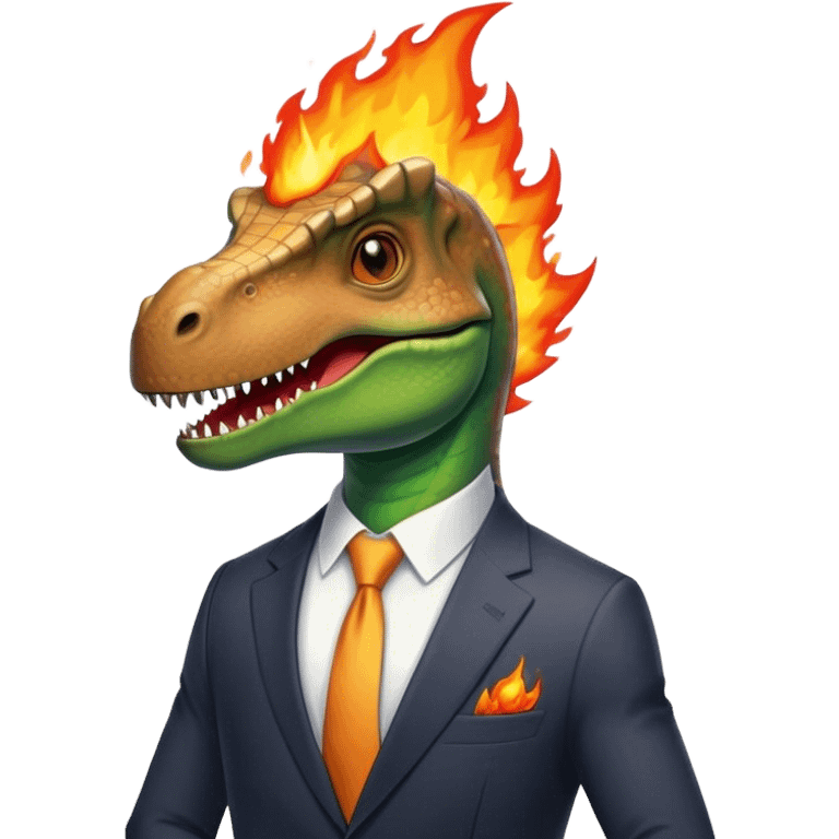 office dinosaur in a suit on a fire emoji