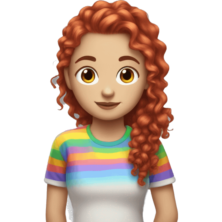 a white girl with long red curly hair in a pony tail with rainbow shirt being cute emoji