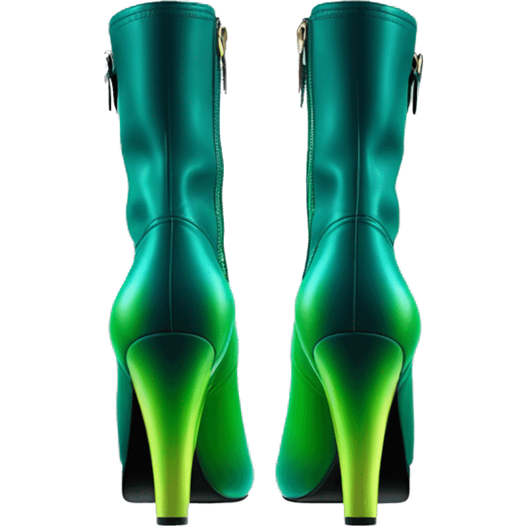 Realistic isolated top front view of a pair of dark teal,lime green,mint green and emerald green ombre high heel ankle boots. emoji