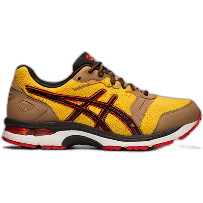 light brown asics gel nyc with small yellow and red accents emoji