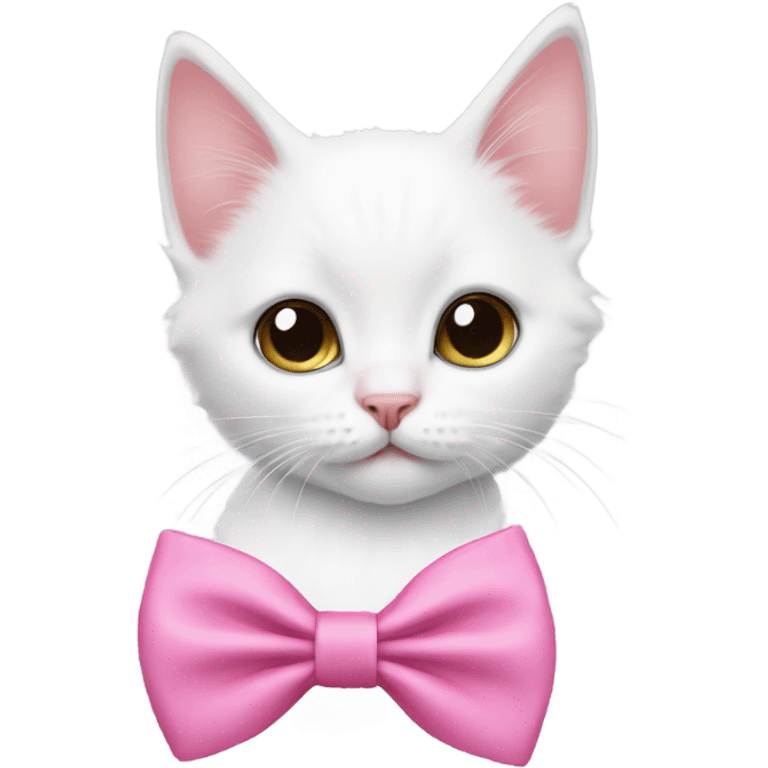 A white kitten wearing a pink bow tie emoji