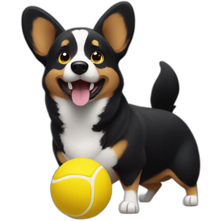 Black corgi Pixar style with a big yellow tenis ball emoji