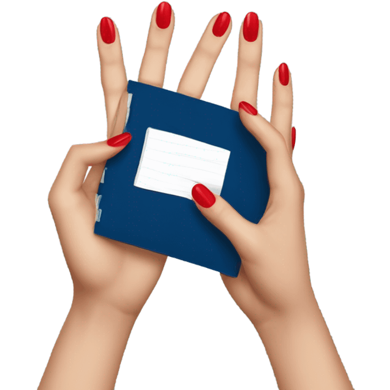 a female hand with a red manicure holds a dark blue notepad emoji