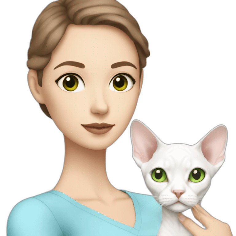 White brunette woman with green eyes and bob hair holding slim white devon rex with light blue eyes emoji