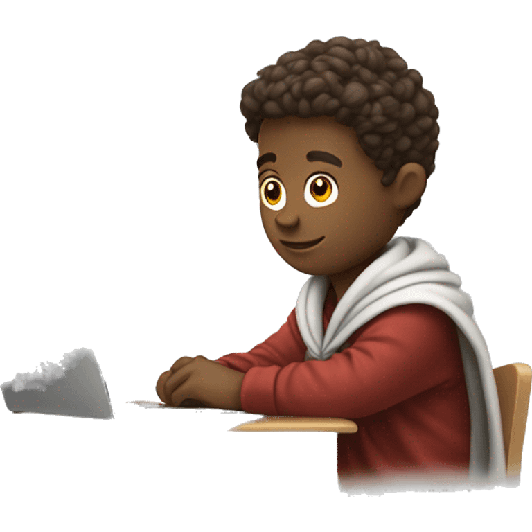 white boy sitting at a school desk with a big blanket wrapped around shoulders working on chromebook emoji