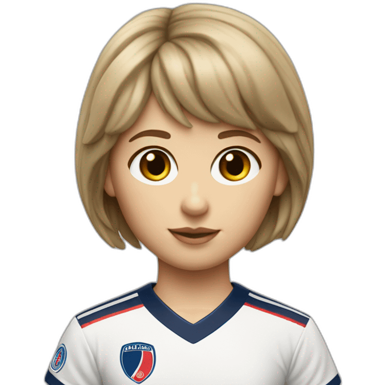 Short dark blond hair fringe girl, with grey eyes, a 1980 PSG jersey and a baguette emoji