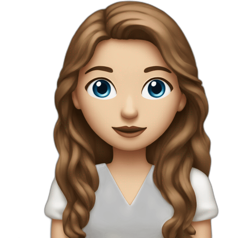 Girl with long brown hair blue eyes in white dress small nose big lips with MacBook  emoji