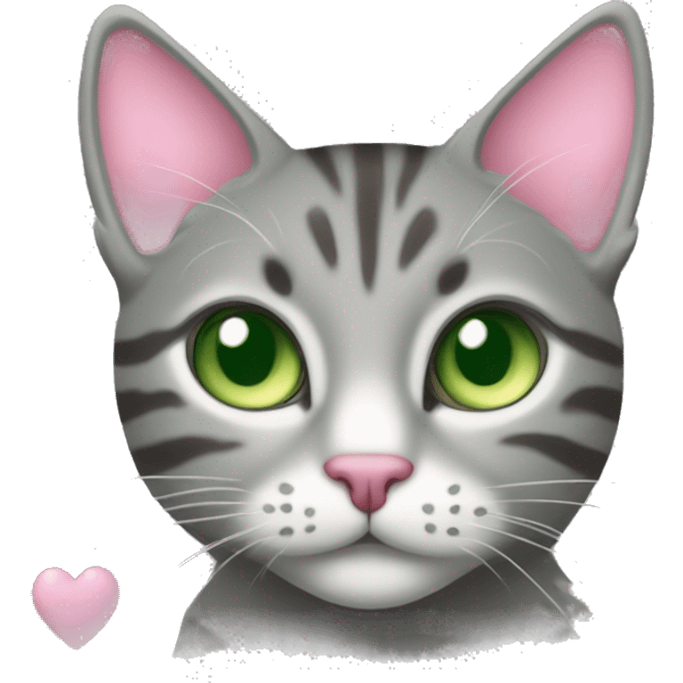 A grey tabby cat with a pink nose and green eyes is surrounded by hearts emoji