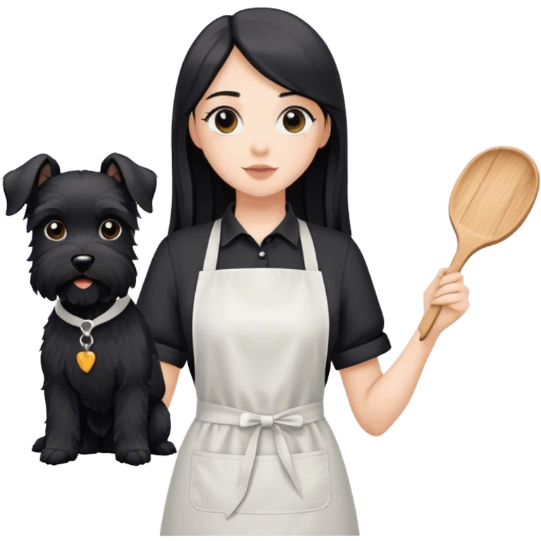 pale girl with long back hair wearing black long shirt wearing apron holding black  schnauzer emoji