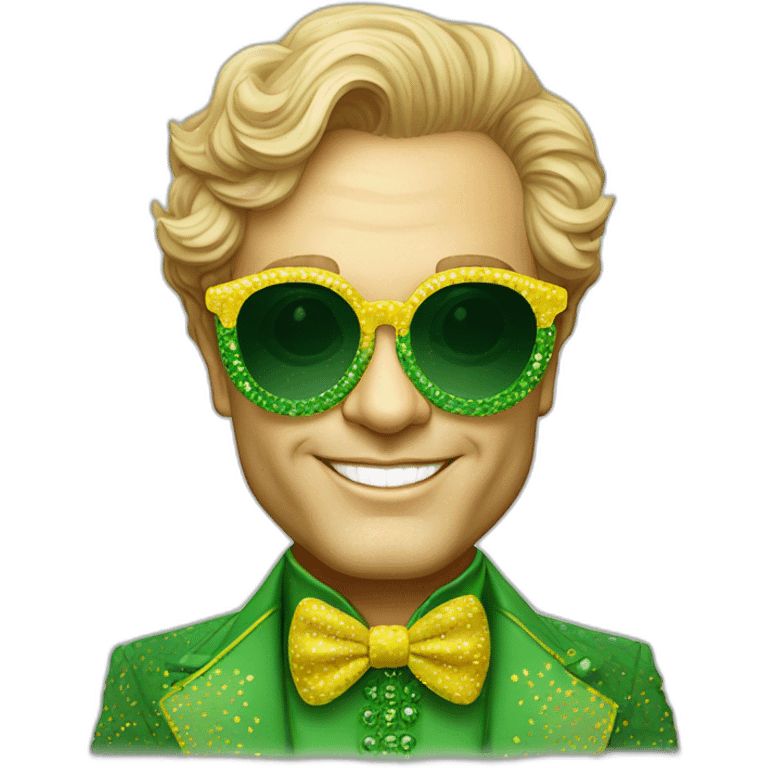 elton john wearing green and yellow patterned oversized sunglasses with scalloped edges for mardi gras emoji