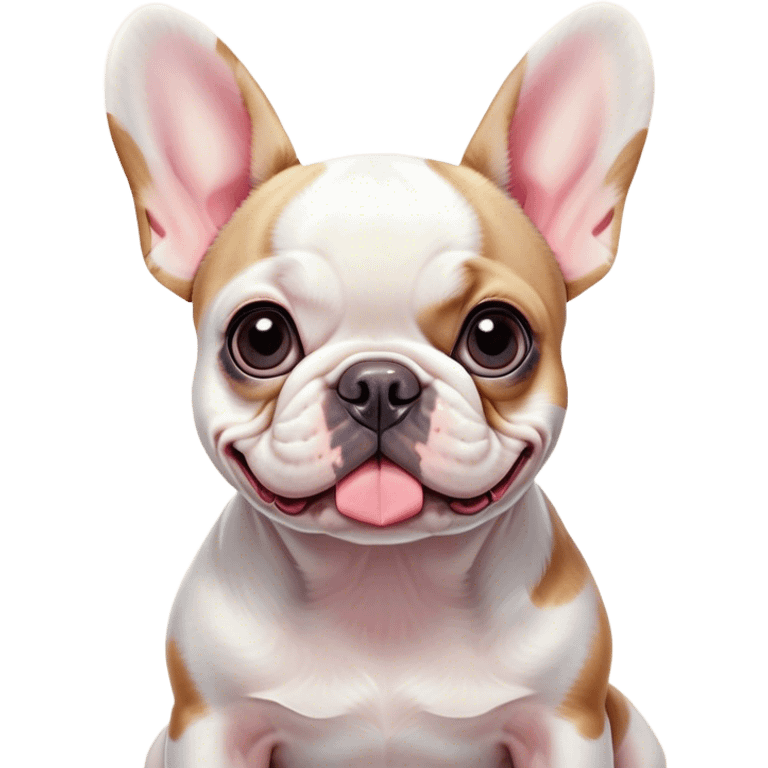 Cinematic Cute Pied French Bulldog Portrait Emoji, Head tilted with a sweet, mischievous grin and large, inviting eyes, featuring a unique pied fur of contrasting colors, simplified yet irresistibly endearing, highly detailed, glowing with a warm, playful radiance, high shine, exuding a quirky charm and affectionate personality, styled with a soft, lighthearted outline, capturing the essence of a cute Pied French Bulldog that looks ready to charm its way into your heart! emoji