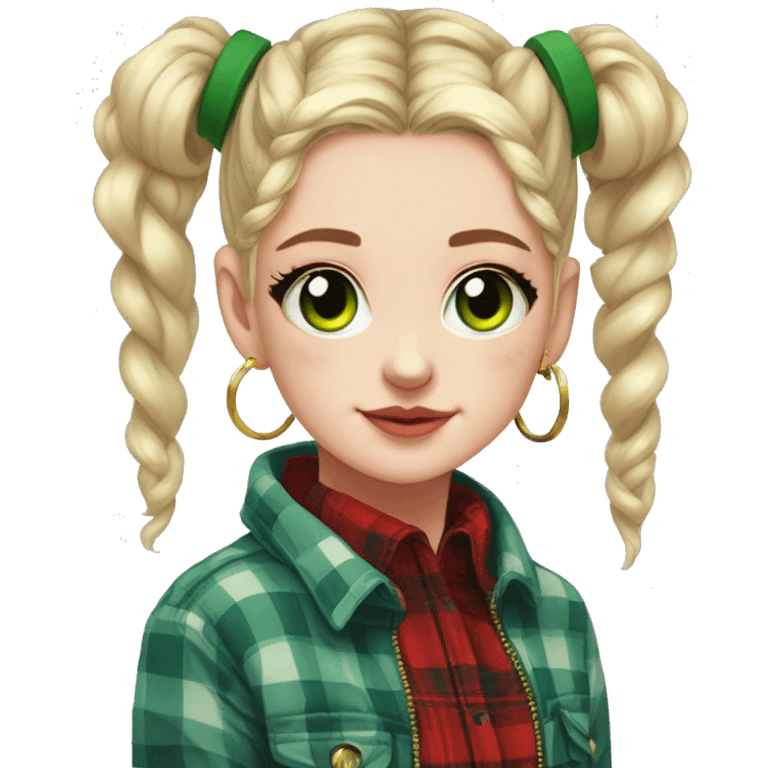  Pale girl, blue eyes, green hair, space buns hairstyle, wearing a red flannel, gold hoop earrings, thick wing eyeliner emoji