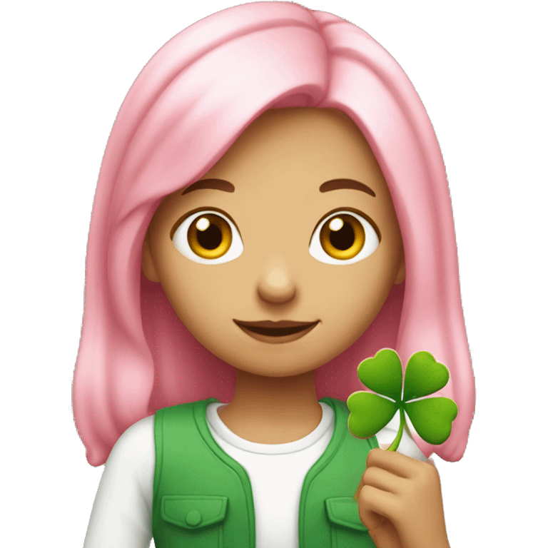 a pink-haired girl holding clover emoji