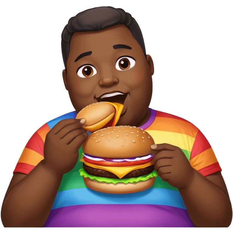 very plus size obese black man with a rainbow shirt eating a burger  emoji