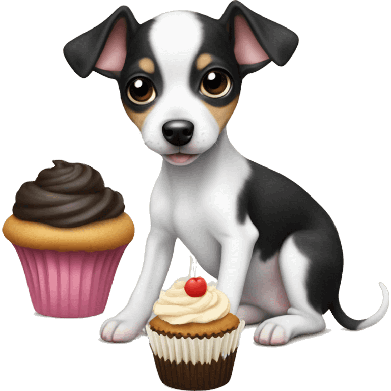 Cute big eyed Black and white rat terrier puppy (no brown or tan) eating a cupcake emoji