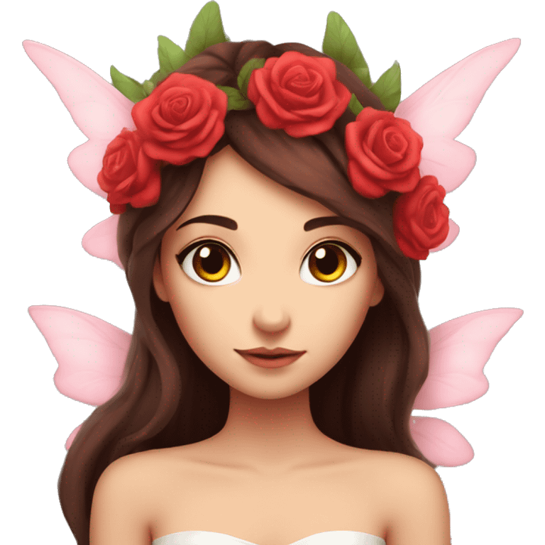 Beautiful, rose, fairy, red, flowers in hair, long dark brown hair, big wings, fair skin emoji