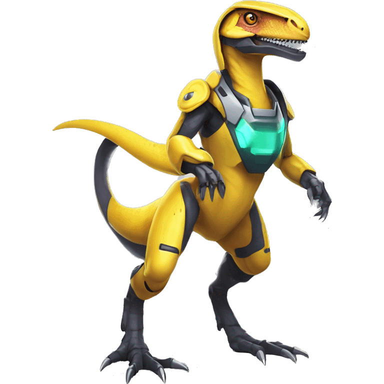 Shiny Edgy Velociraptor-Genesect-Fakémon-Pokémon wearing a with a futuristic cyber-helmet And suit Full Body emoji