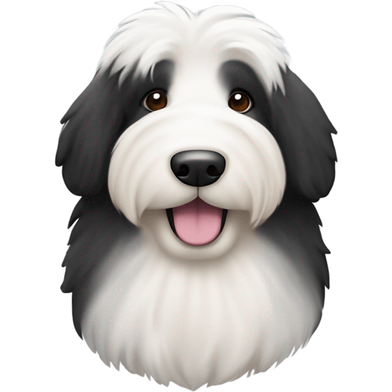 Old English sheepdog with a half and half face like a black (right side) and white (left side) cookie emoji