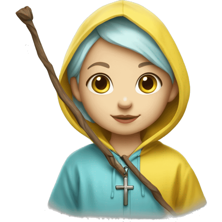 Cute little girl with light blue hair wearing a yellow raincoat hood up with white skin and short hair with cross necklace holding a staff emoji