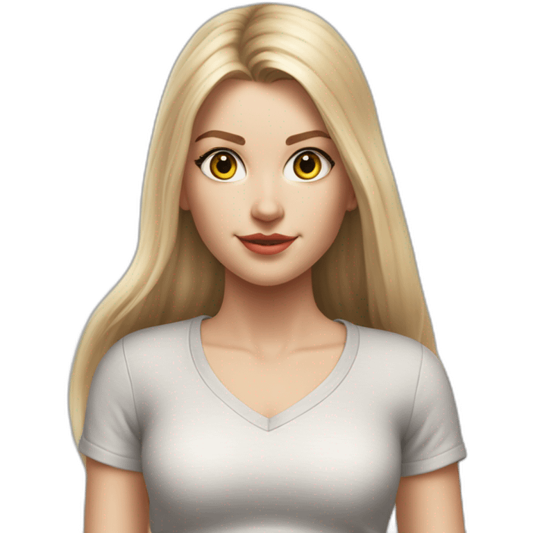 hyperrealist caucasian girl, long straight blonde hair, white v-neck laced crop top, grey tight micro skirt, walking towards camera emoji