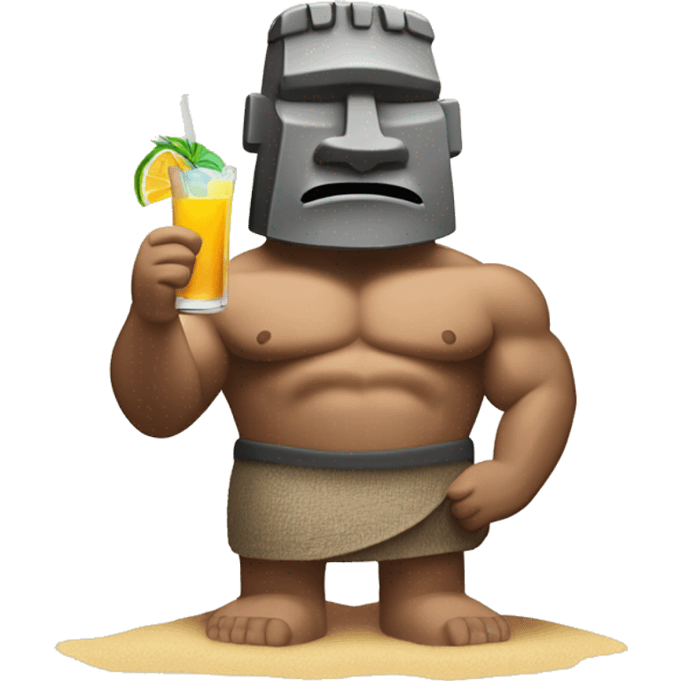 MOAI FLEXING MUSCLE WITH A COCKTAIL ON THE BEACH emoji