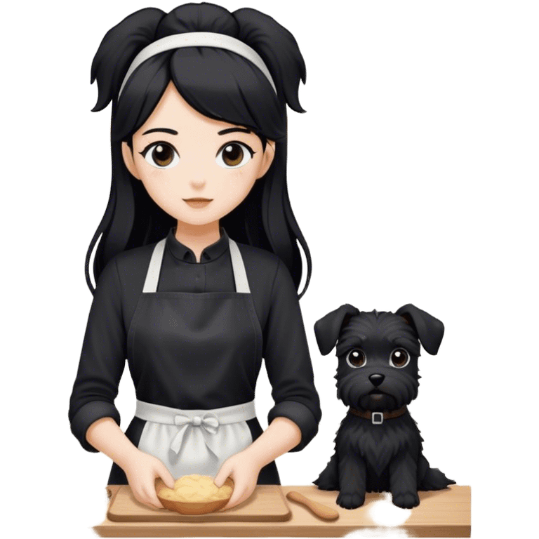 pale girl with long black hair wearing black long sleeve tshirt wearing apron and baking holding black floppy ear schnauzer no tail emoji