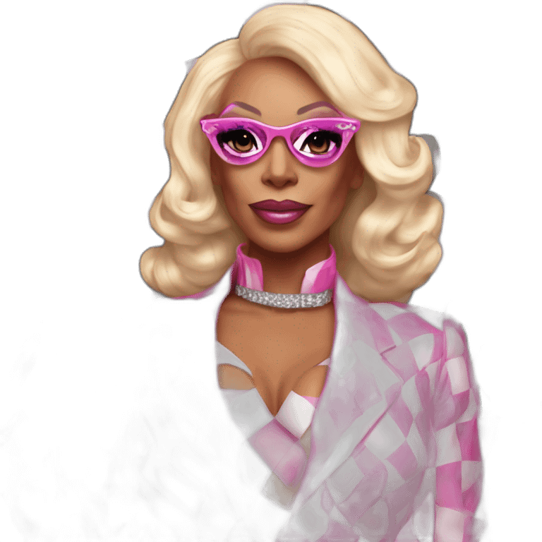 Drag queen rupaul charles. She is wearing a pink racing suit, and holding a black and white checkered flag emoji