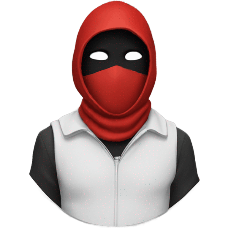 A person in a red guard costume,with a  black mask with a white triangle on the mask. Red hood up emoji