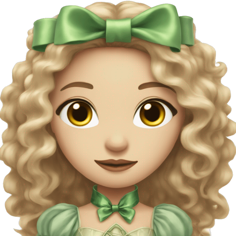 A woman with fair skin and green and eyes, light brown long wavy hair, dressed in a fantasy dress with fluffy sleeves, holding a bow for shooting emoji