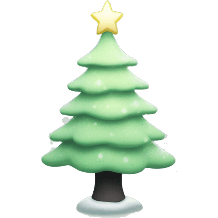 A light green Christmas tree with white twinkling lights and a white frosted snow with a black star and little pastel presence underneath ￼ emoji