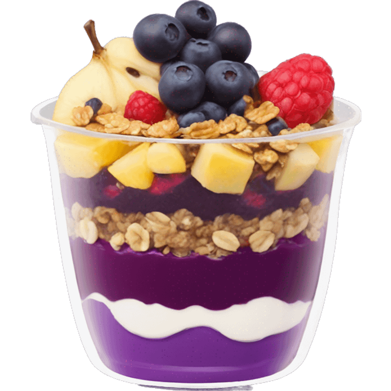 Açaí in a clear cup with layers of fruits and granola and condensed milk emoji