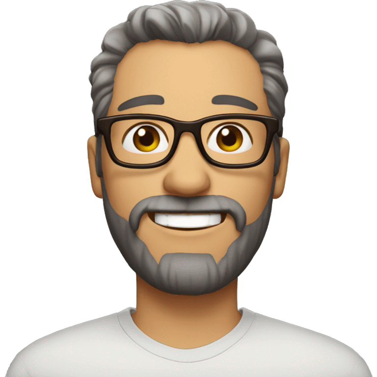 Man aged 40. Short stripped hair and short brown beard, big brown eyes, gray opthical glasses, big smile emoji