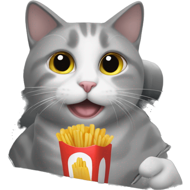 grey and white cat eating french fry while also in a car emoji