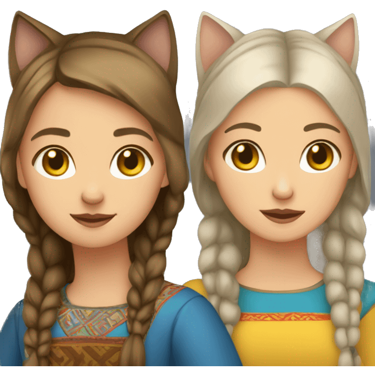 Two slavic girls and two cats emoji