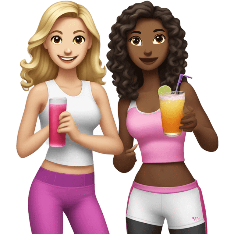 Long curly brown hair with blonde highlights, white skin with a cocktail and a beautiful brunette with a Yorkie and a beautiful blonde girl with pink boxing gloves and a white skin black hair girl white shirt working out emoji