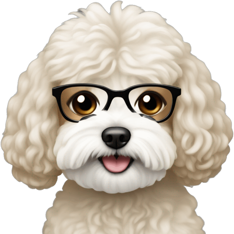 Light brown woman with long black hair and black  glasses holding white MaltiPoo emoji