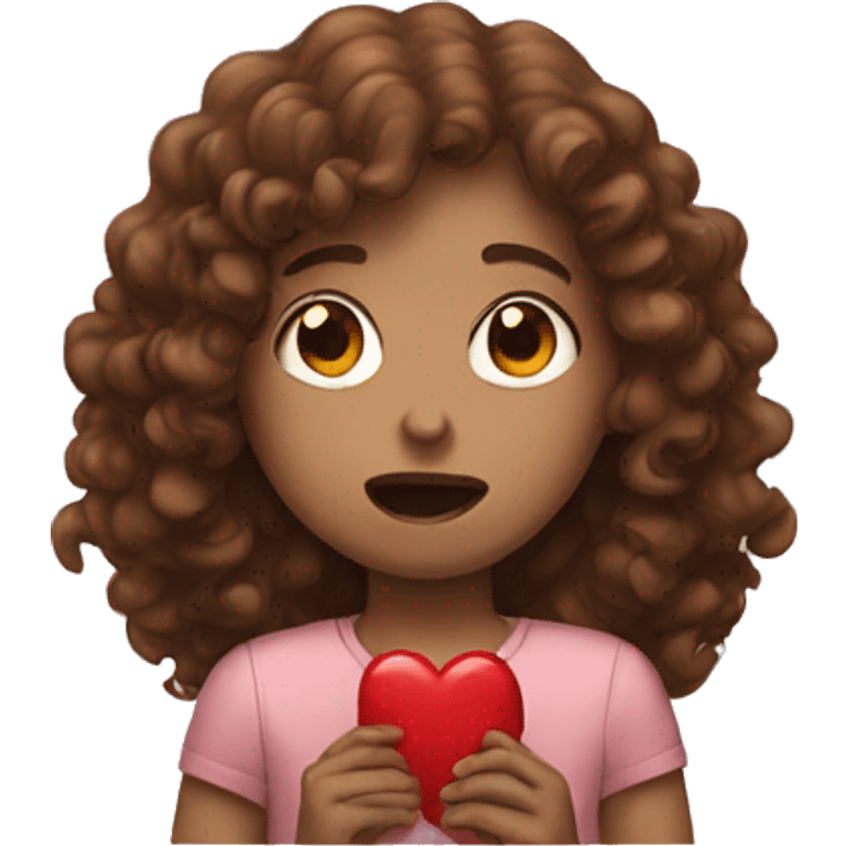 Girl with brown curly hair crying and holding a red heart emoji