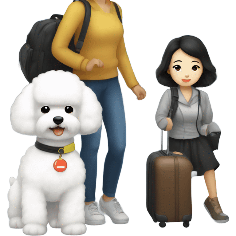 A cute korean style bichon frise with a dark-haired Asian woman at the airport  emoji