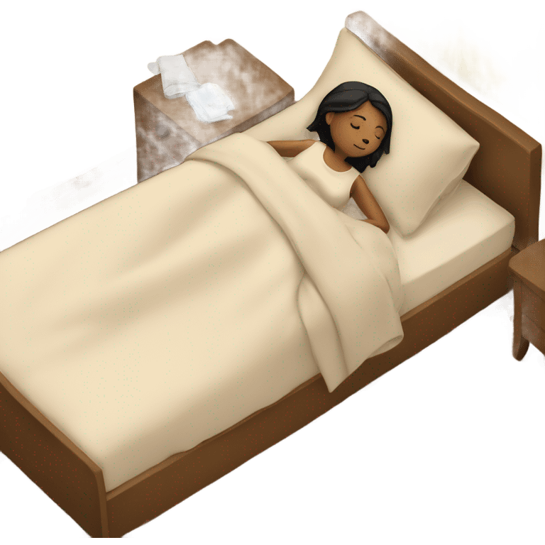 A girl sleeps in beige bed linen emoji