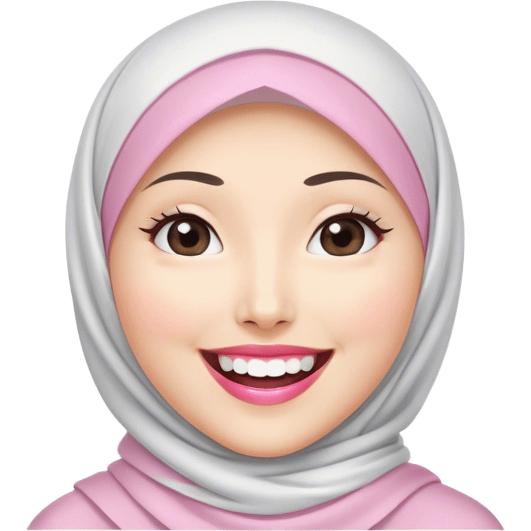 an Asian white woman hijab, her hijab color are white, her face is oval, her lips are pink, her eyes are shining, her face looks happy showing her teeth, her eyes are also smiling emoji