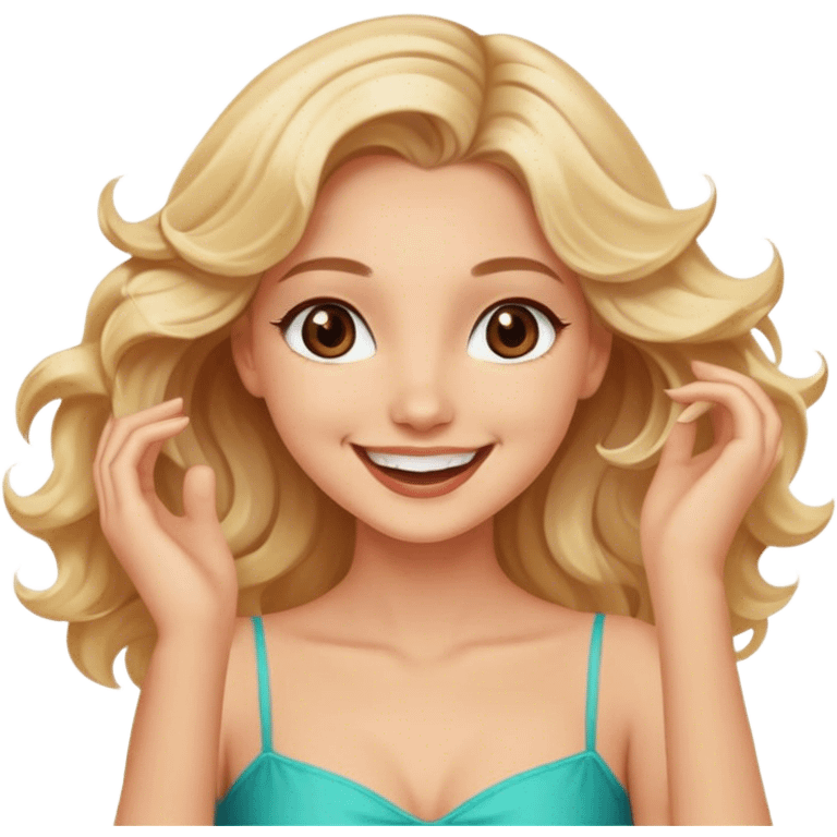 Pretty blonde model, brown eyes, soft wavy hair, super excited and happy dance emoji