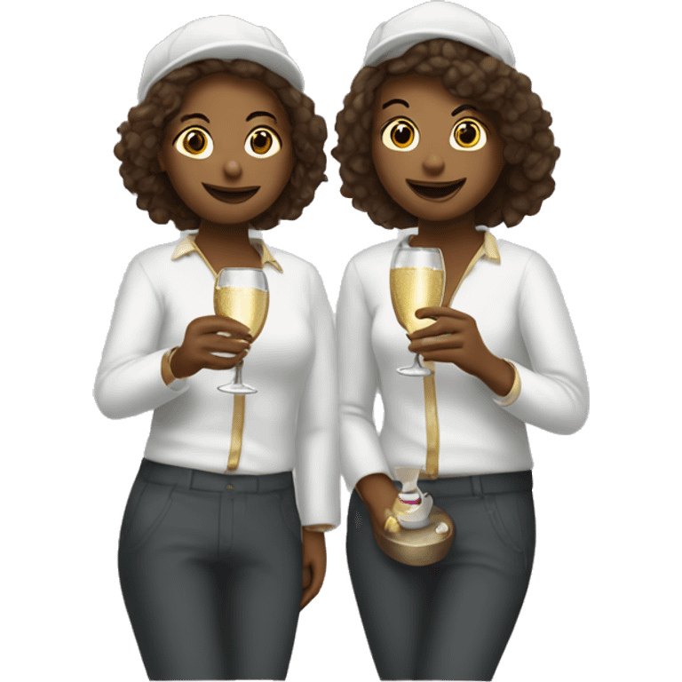 two girls dressed as painters drinking champagne emoji