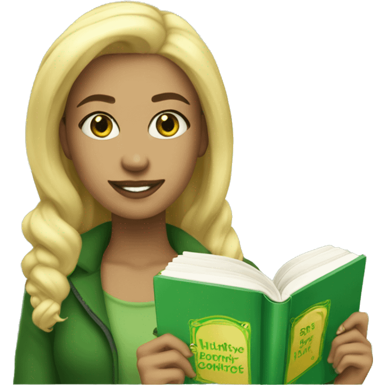 blonde beautiful girl with her new released book (green) emoji